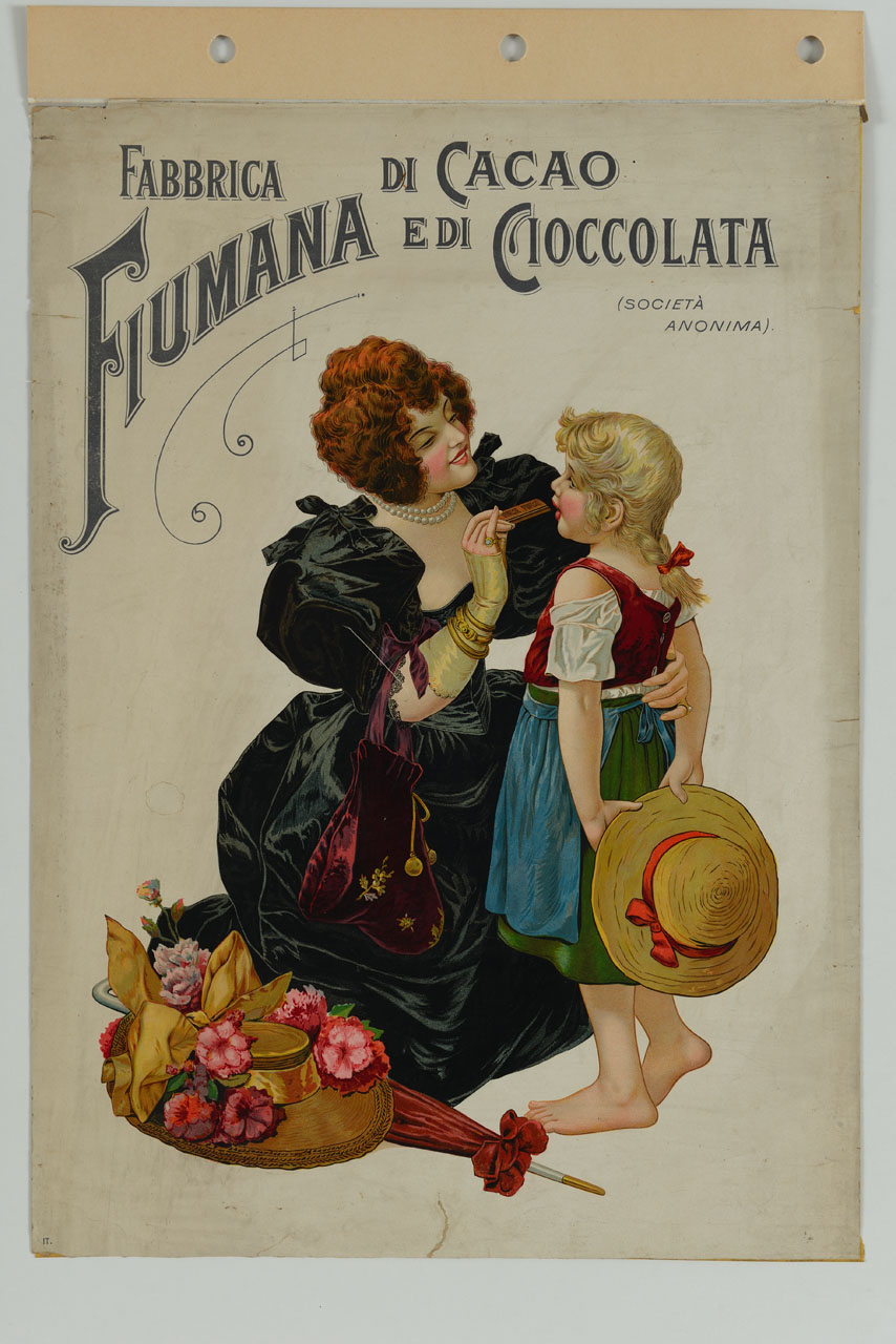 madre posa a terra ombrello e cappello e offre alla figlia una barretta di cioccolata (manifesto) - ambito austriaco (sec. XX)