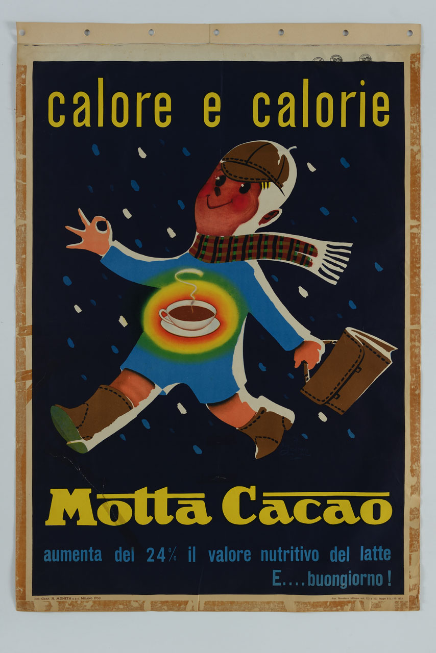 bambino cammina sorridente sotto la pioggia con una tazza di cacao raffigurata sullo stomaco (manifesto) di Dinelli Luciano (sec. XX)