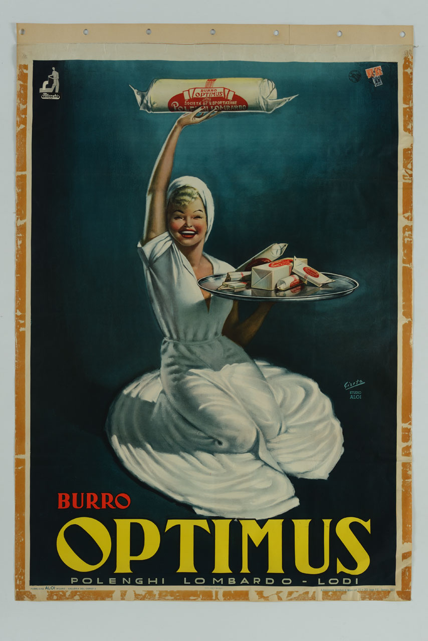 donna sorridente in abito bianco in ginocchio sostiene e mostra panetti di burro (manifesto) di Gizeta, Studio Aloi (sec. XX)