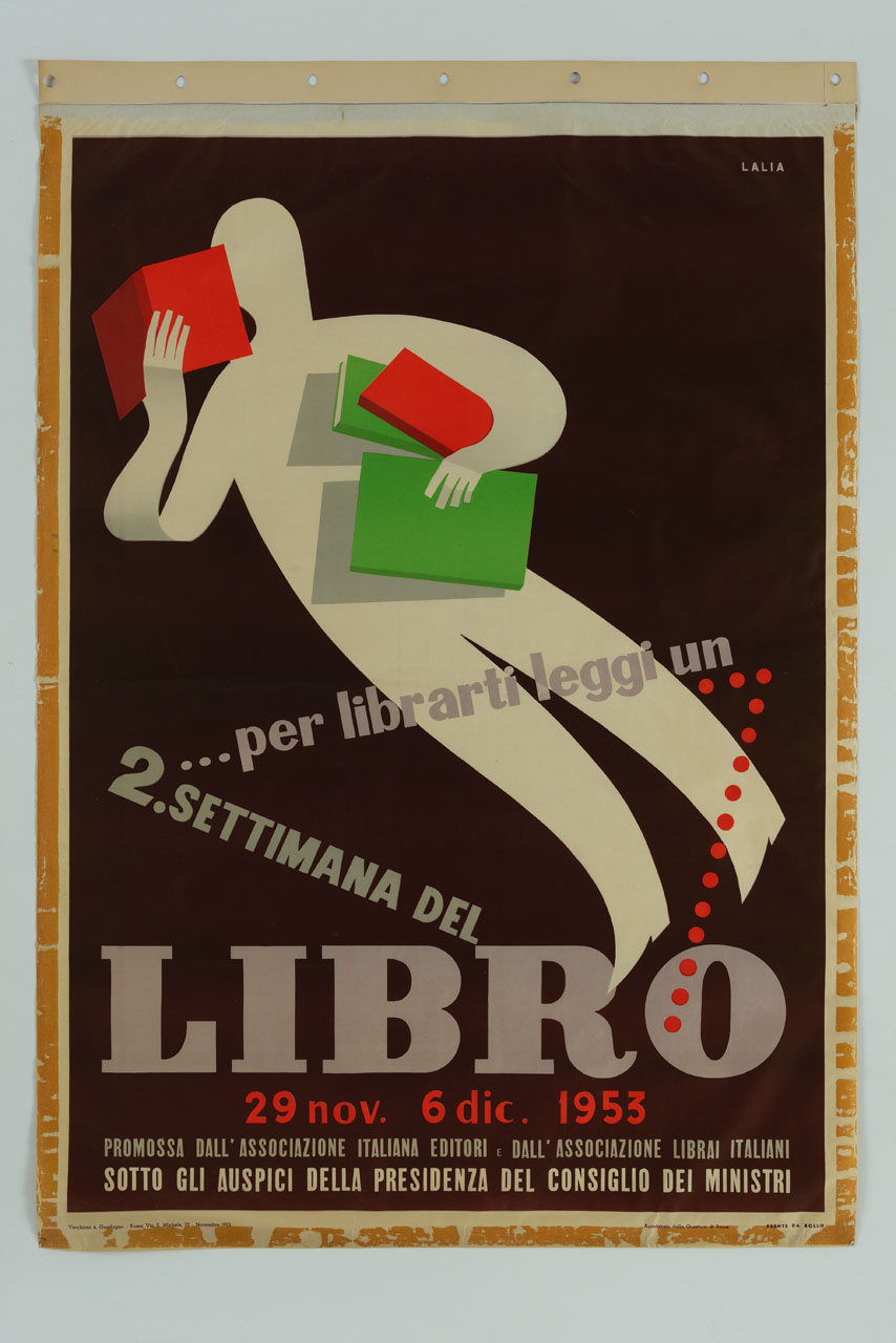 uomo stilizzato librato in aria legge un libro e tiene alcuni volumi sotto un braccio (manifesto) di Lalia Alfredo (sec. XX)