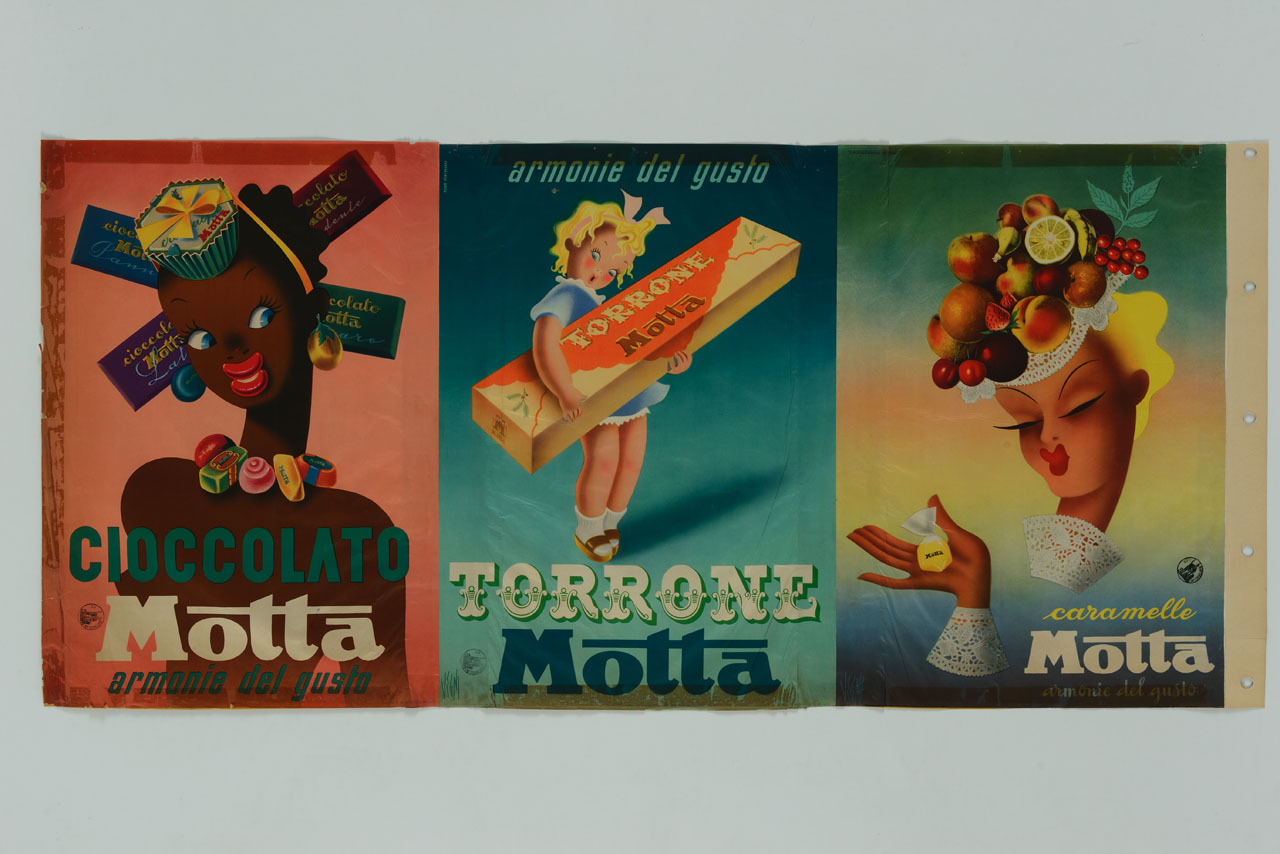 tre riquadri con due donne e una bimba in posa con dolciumi al cioccolato un torrone e una caramella (manifesto, stampa composita) di Vegni Luciano (sec. XX)