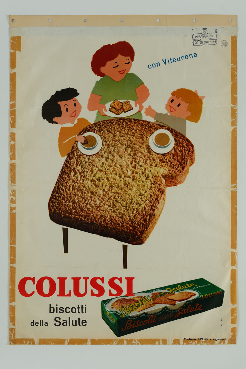 donna con piatto di biscotti e due bambini presso un tavolo a forma di fetta biscottata (manifesto) di Ultra (sec. XX)
