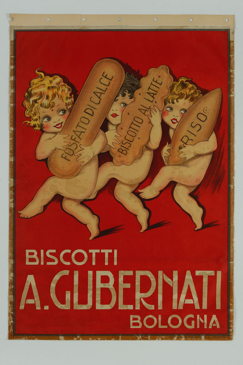 tre putti con un grande biscotto tra le braccia su sfondo rosso (manifesto) - ambito italiano (sec. XX)