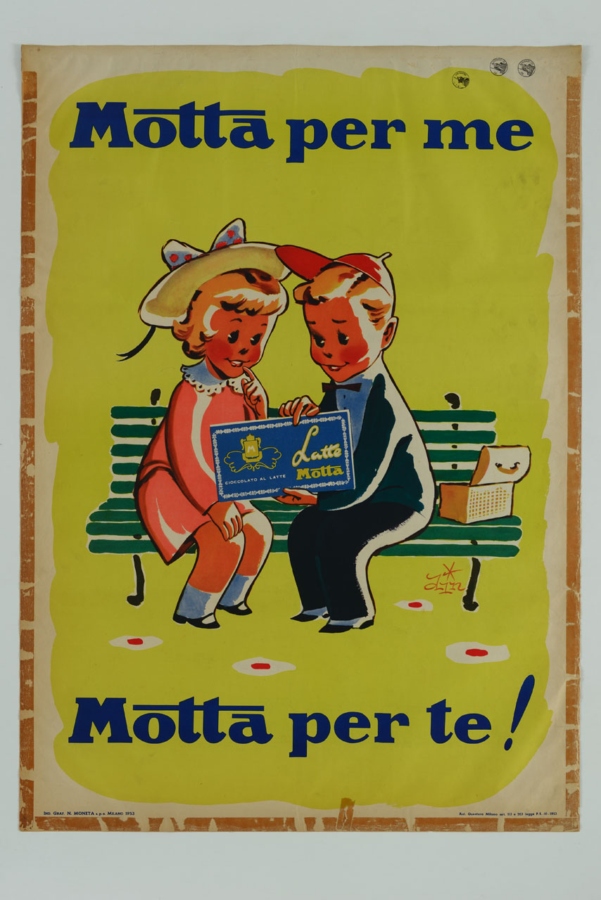 coppia di bambini seduti su una panchina con una scatola di cioccolatini (manifesto) di Dinelli Luciano (sec. XX)