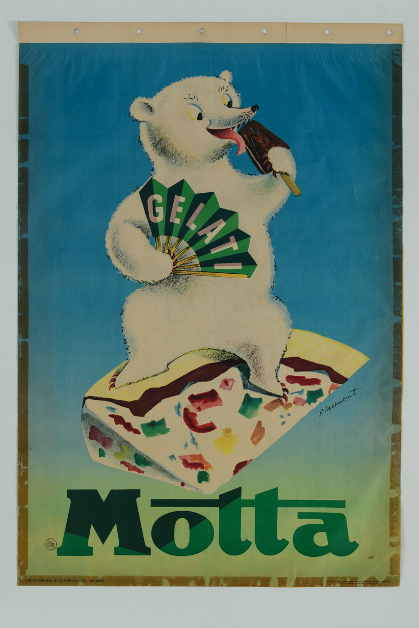 orso bianco su una fetta di semifreddo tiene un ventaglio e mangia un gelato (manifesto) di Monnerat Pierre (sec. XX)
