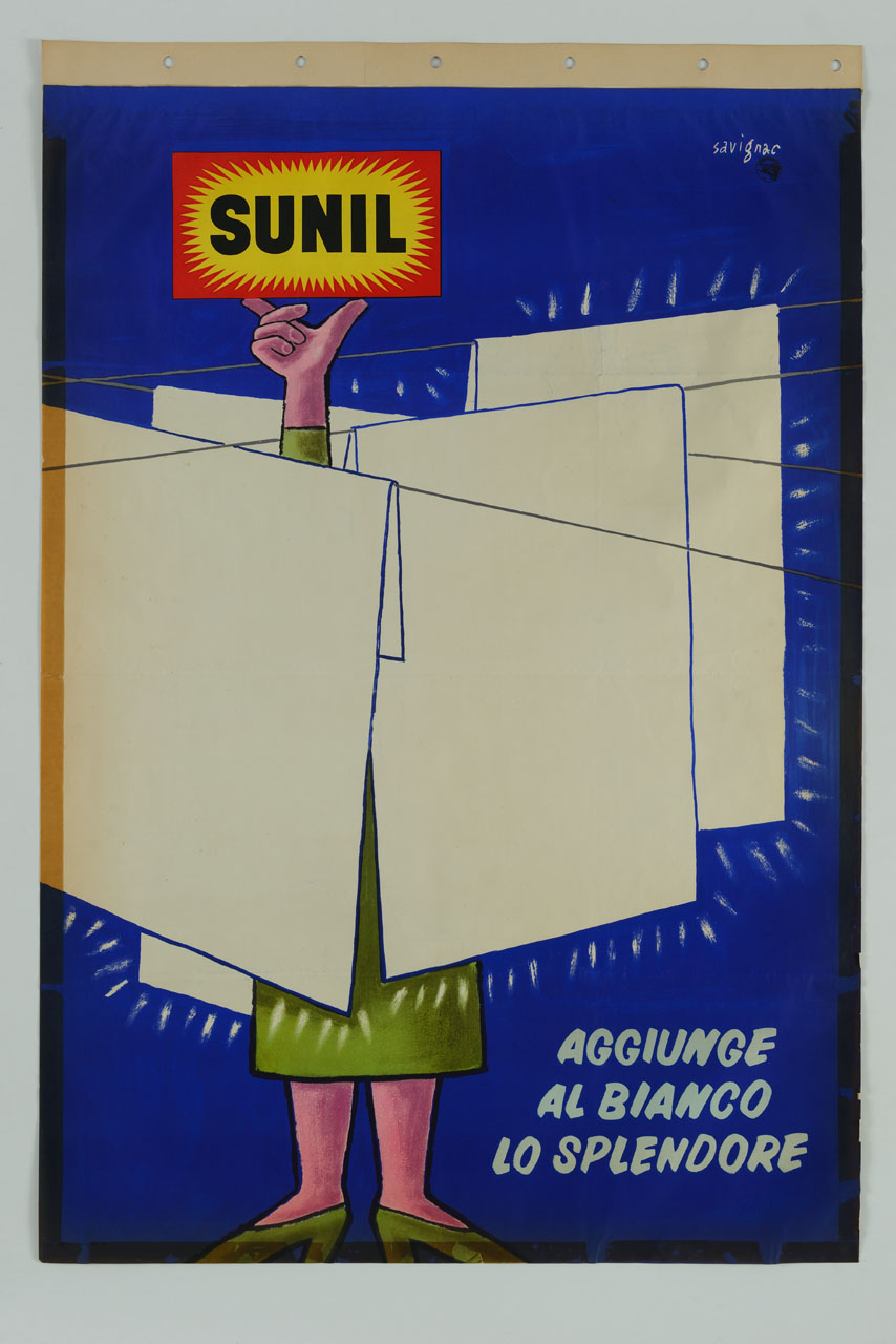 donna nascosta da biancheria stesa su fili solleva in alto una scatola di detersivo (manifesto) di Savignac Raymond (sec. XX)