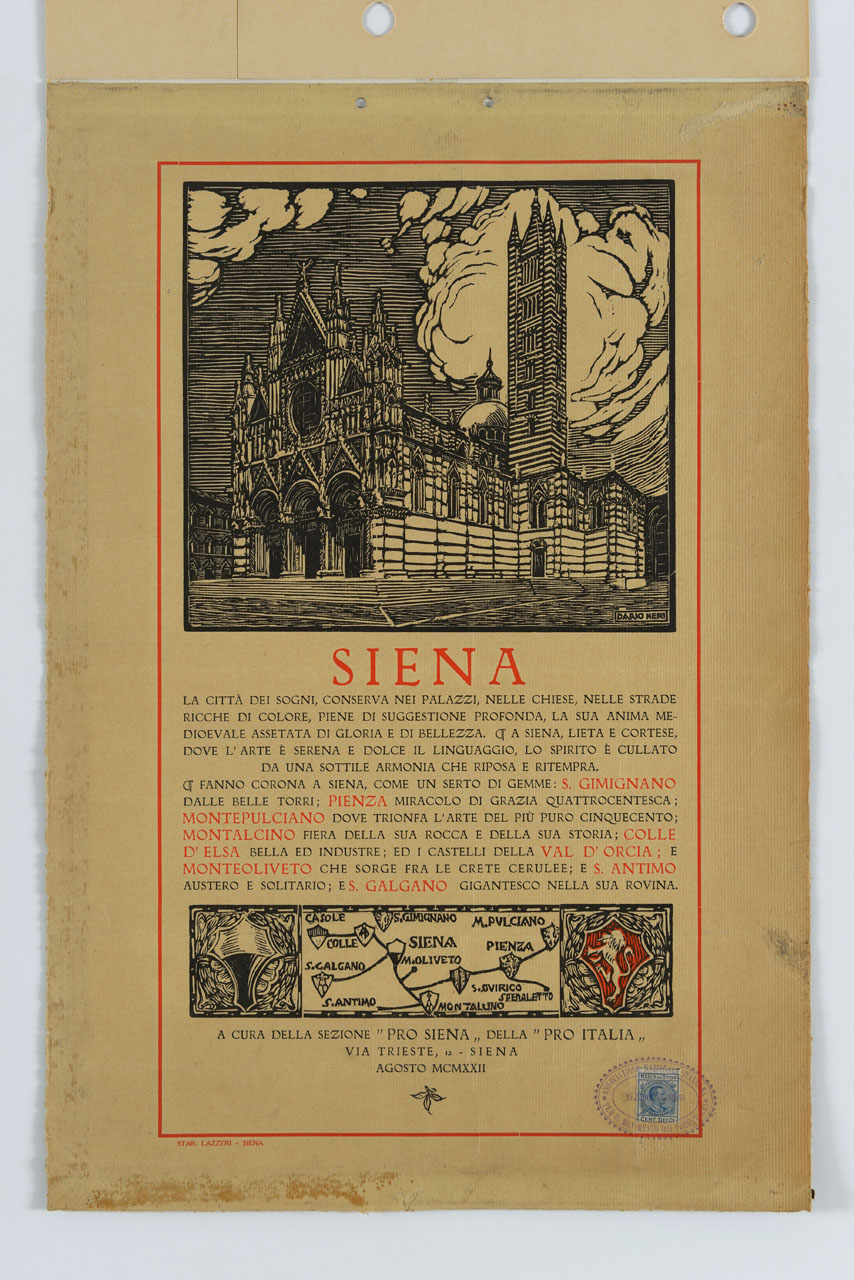 Il Duomo di Siena e mappa affiancata da due scudi (manifesto) di Neri Dario (sec. XX)