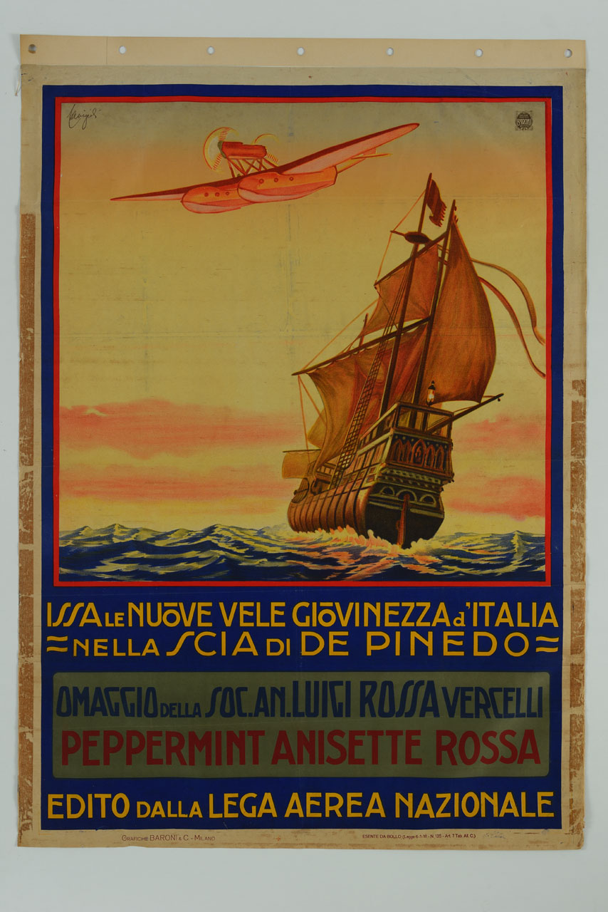 caravella in navigazione e idrovolante in volo (manifesto) di Cavigioli Riccardo (sec. XX)