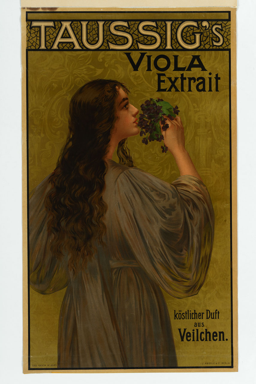 ragazza di spalle dai lunghi capelli sciolti porta al naso un mazzetto di viole (manifesto) - ambito austriaco (sec. XIX)