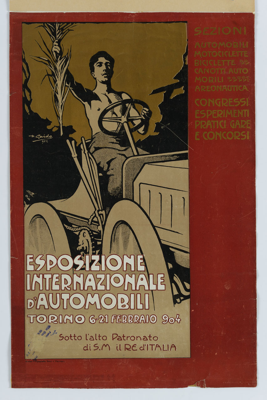 uomo a torso nudo alza al cielo una frasca alla guida di un automezzo (manifesto) di Gaido Domenico - ambito piemontese (sec. XX)