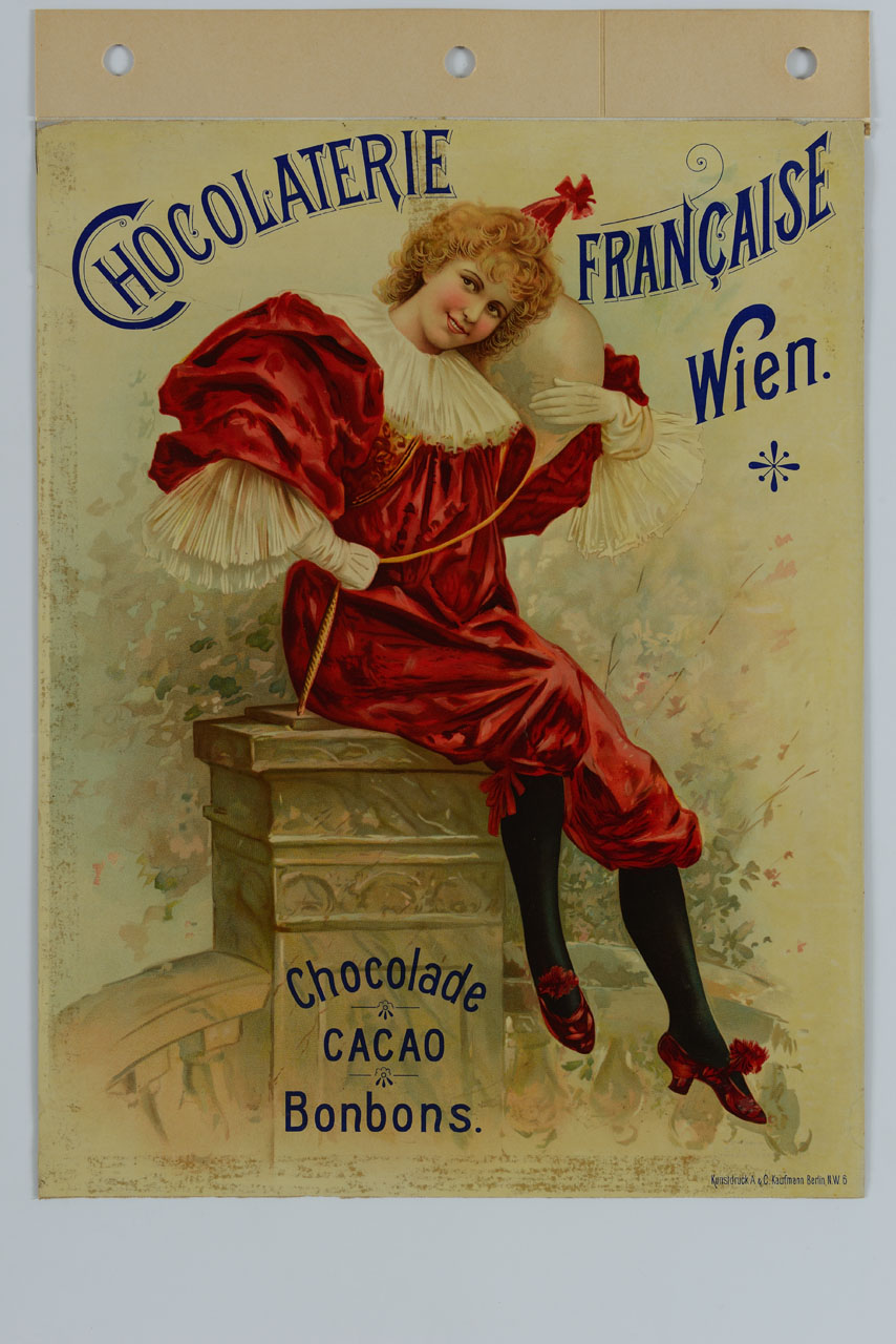 ragazza in abito bizzarro seduta su una balconata e palloncino al guinzaglio (locandina) - ambito austriaco (sec. XIX)
