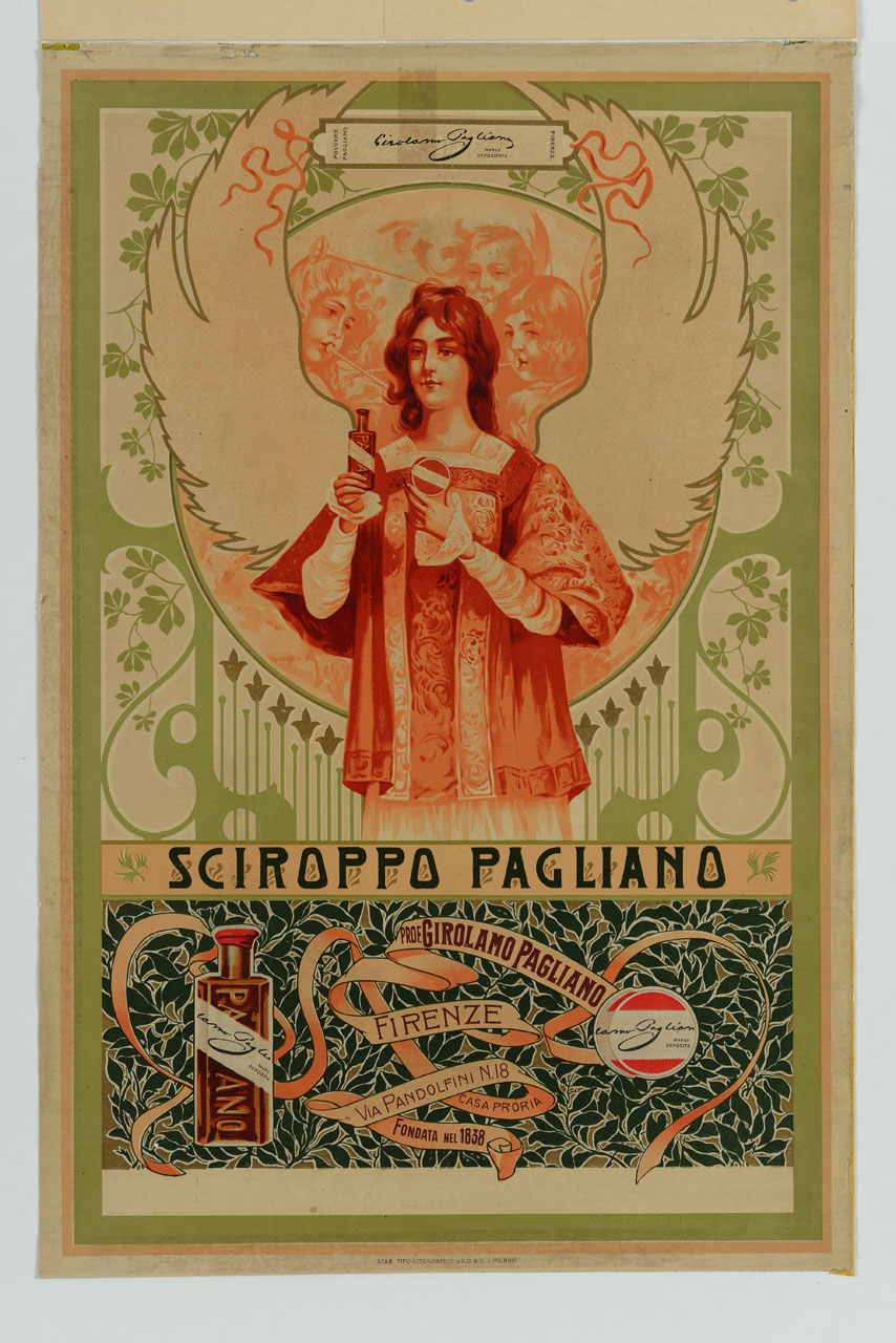 giovane donna mostra una boccetta di sciroppo e una confezione di latta sullo sfondo di una decorazione con angeli e trombe (manifesto) - ambito italiano (sec. XIX)