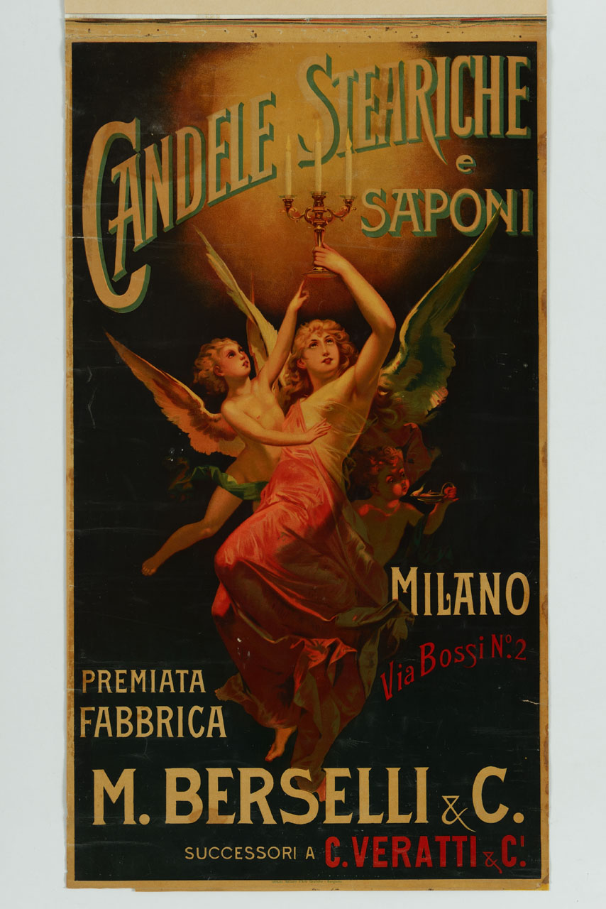 tre angeli in volo reggono alto un lumino e un candelabro acceso (manifesto) - ambito italiano (sec. XIX)