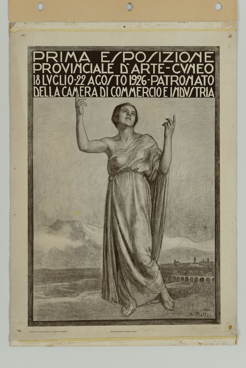 donna in abito romano e posa aulica sullo sfondo di Cuneo e del viadotto Soleri (manifesto) di Piatti Antonio (sec. XX)