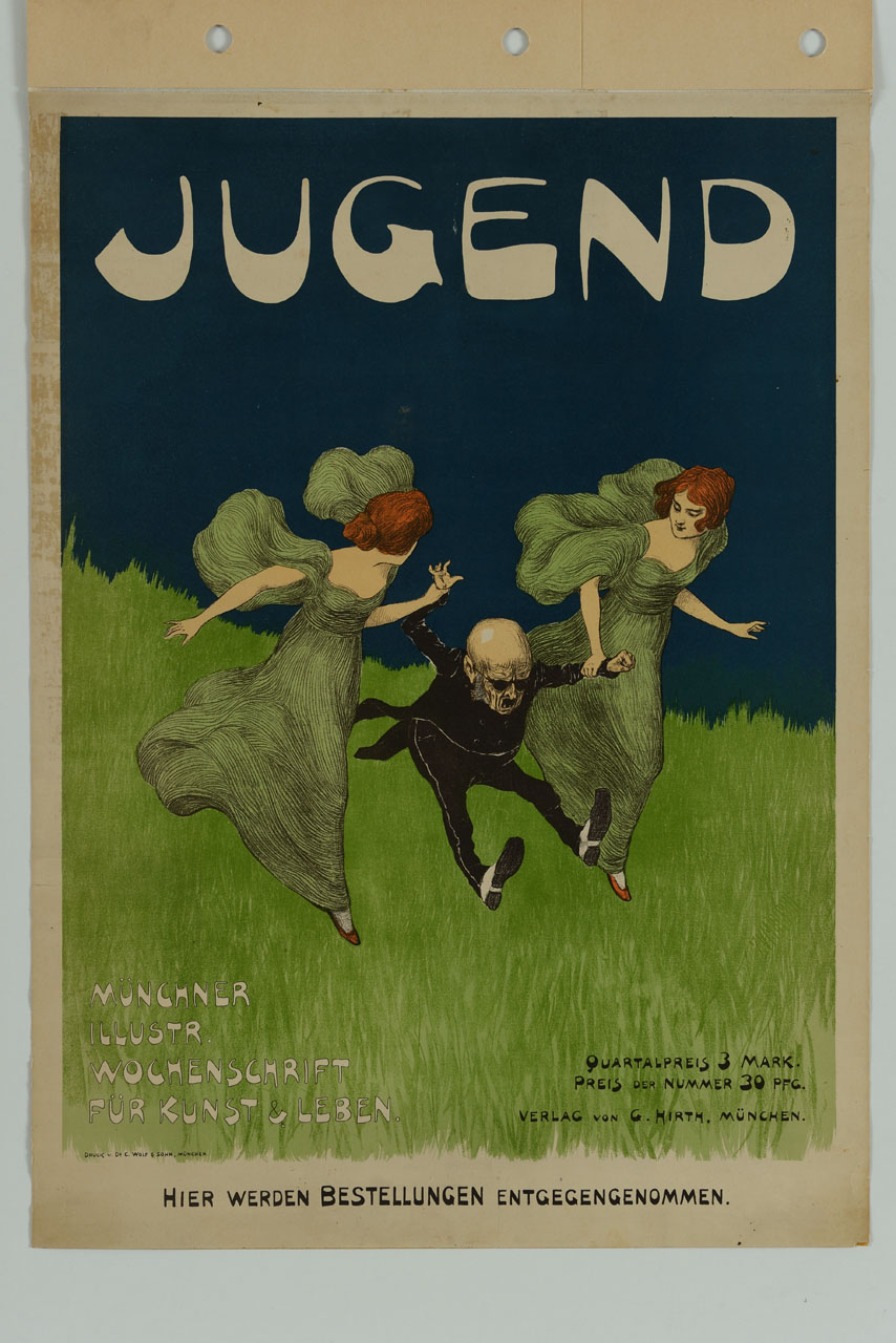 due ragazze dai vestiti svolazzanti corrono su un prato sollevando per le braccia un vecchio con marsina e ghette (manifesto) di von Zumbusch Ludwig (sec. XX)