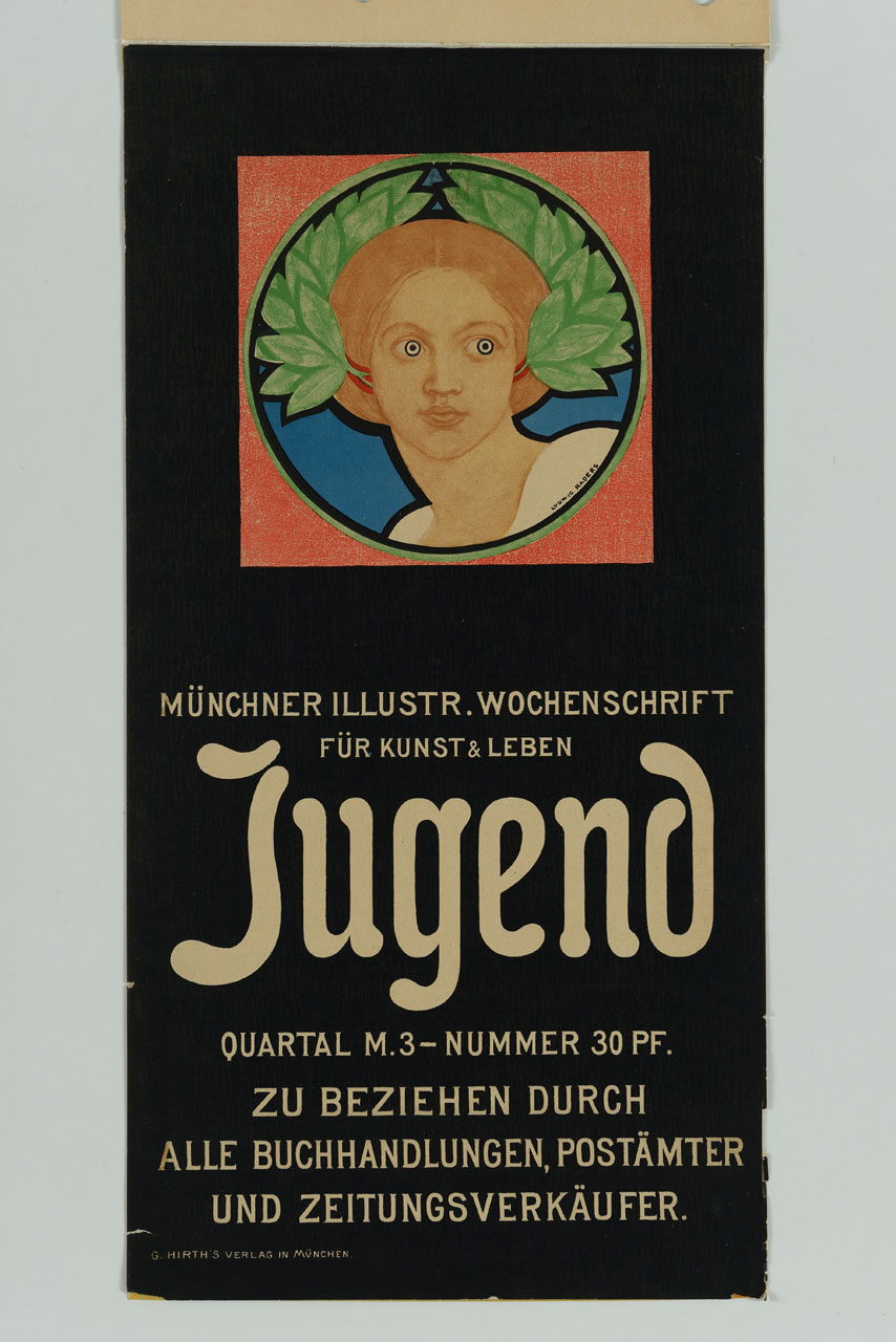 tondo con ritratto di donna e corona di alloro (manifesto) di Raders Ludwig - ambito tedesco (sec. XIX)