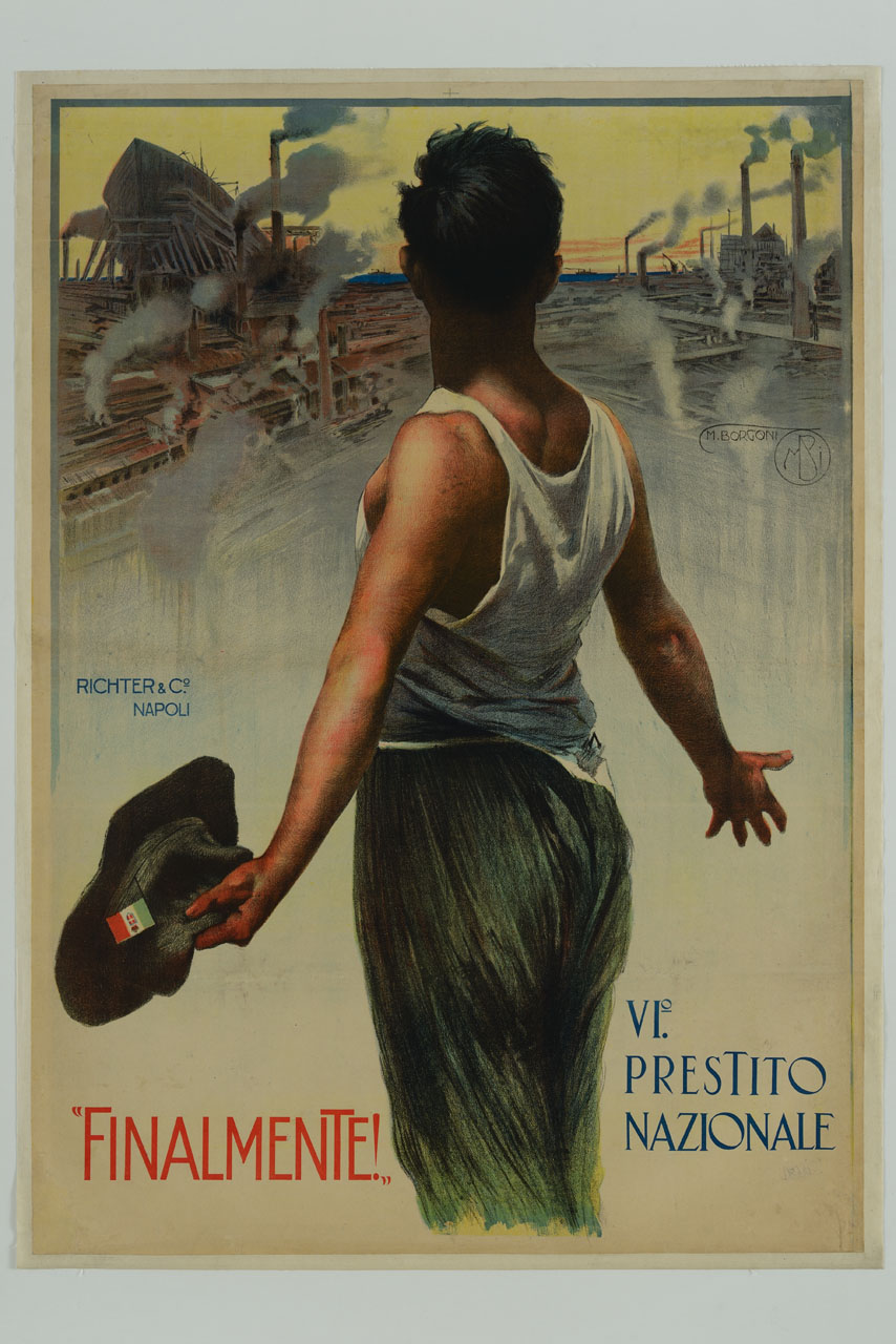 un uomo allarga le braccia di soddisfazione di fronte ad un paesaggio industriale con ciminiere fumanti (manifesto) di Borgoni Mario (sec. XX)