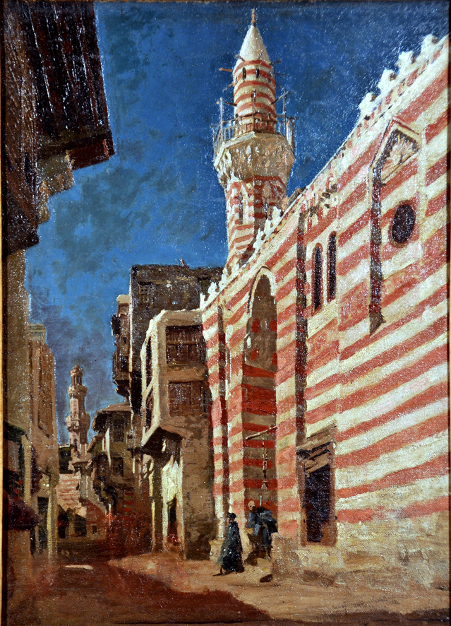 Strada con moschea, veduta di città (dipinto, insieme) di Biseo Cesare (sec. XIX)