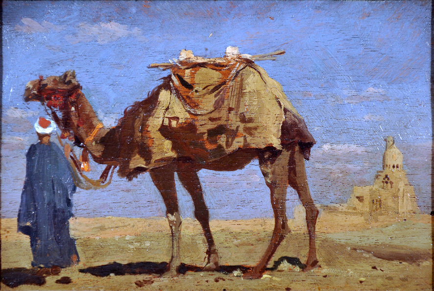 Beduino con cammello, figura di arabo con cammello (dipinto, insieme) di Biseo Cesare (sec. XIX)
