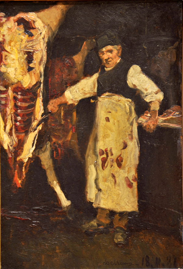 Beccaio con vitello, scena di genere (dipinto, opera isolata) di Delleani Lorenzo (XIX)