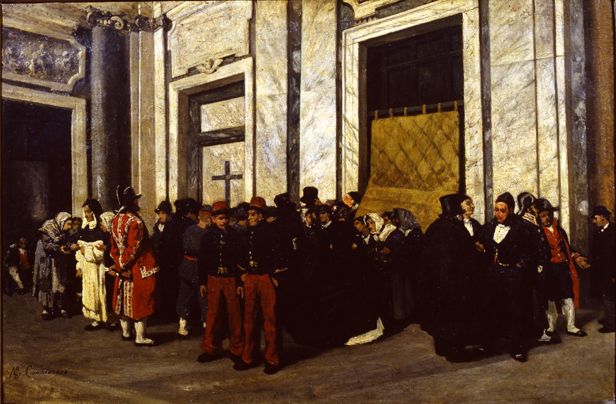Atrio di Santa Maria Maggiore, scena di genere (dipinto, opera isolata) di Cammarano Michele (XIX)