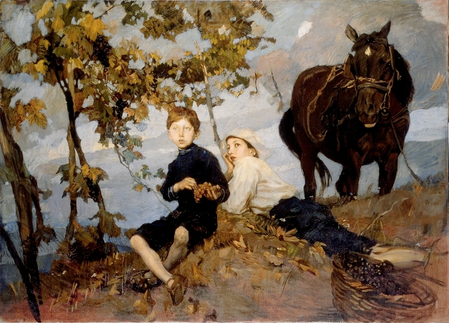 Autunno, paesaggio con ritratto di famiglia (dipinto, opera isolata) di Tito Ettore (XX)
