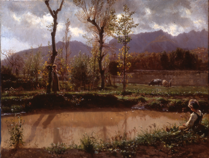 Paesaggio - dopo la pioggia, uno stagno d'acqua torbida (Cava), scena agreste (dipinto, opera isolata) di Palizzi Filippo (XIX)
