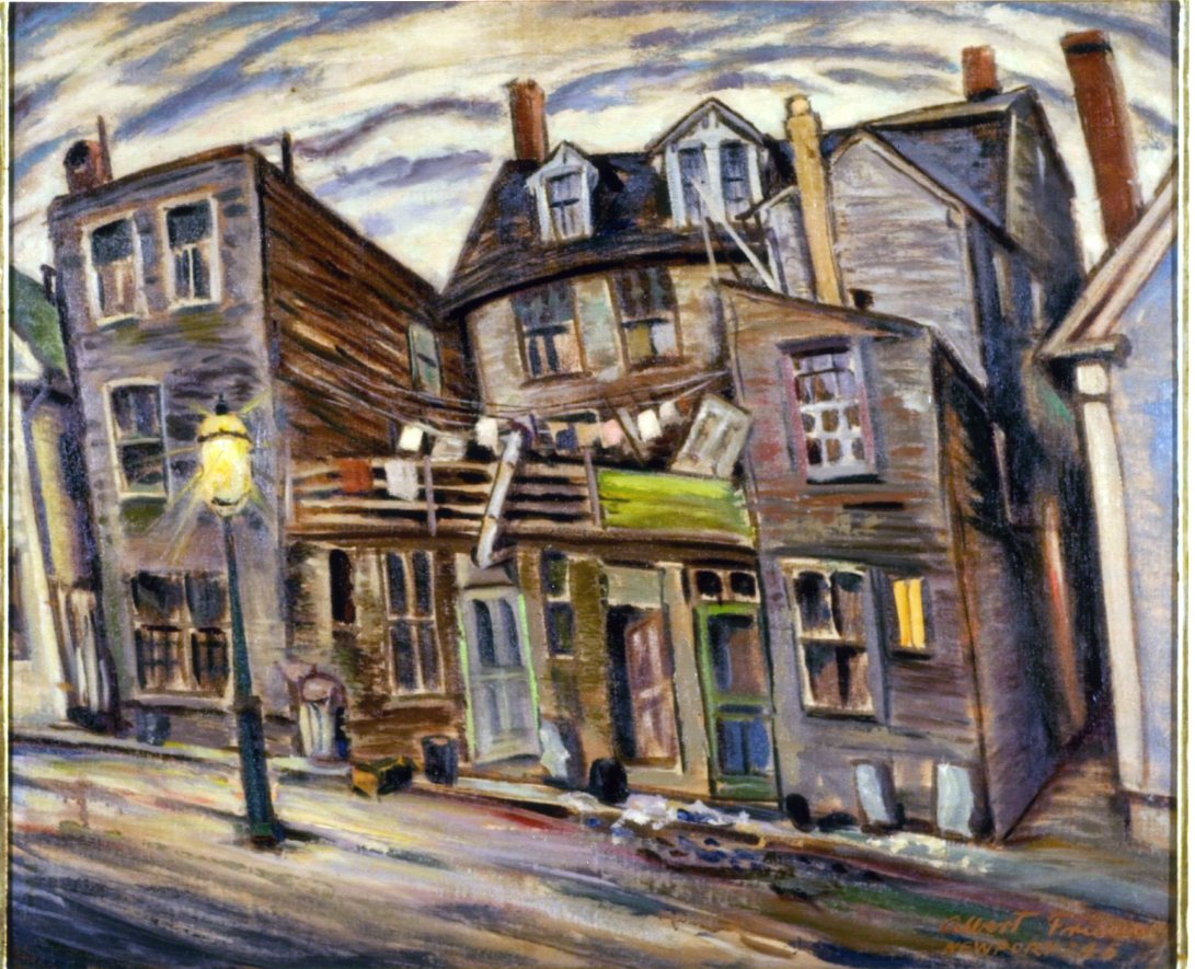 Old house, Vecchia casa, strada, lampione (dipinto) di Albert Friscia (sec. XX)