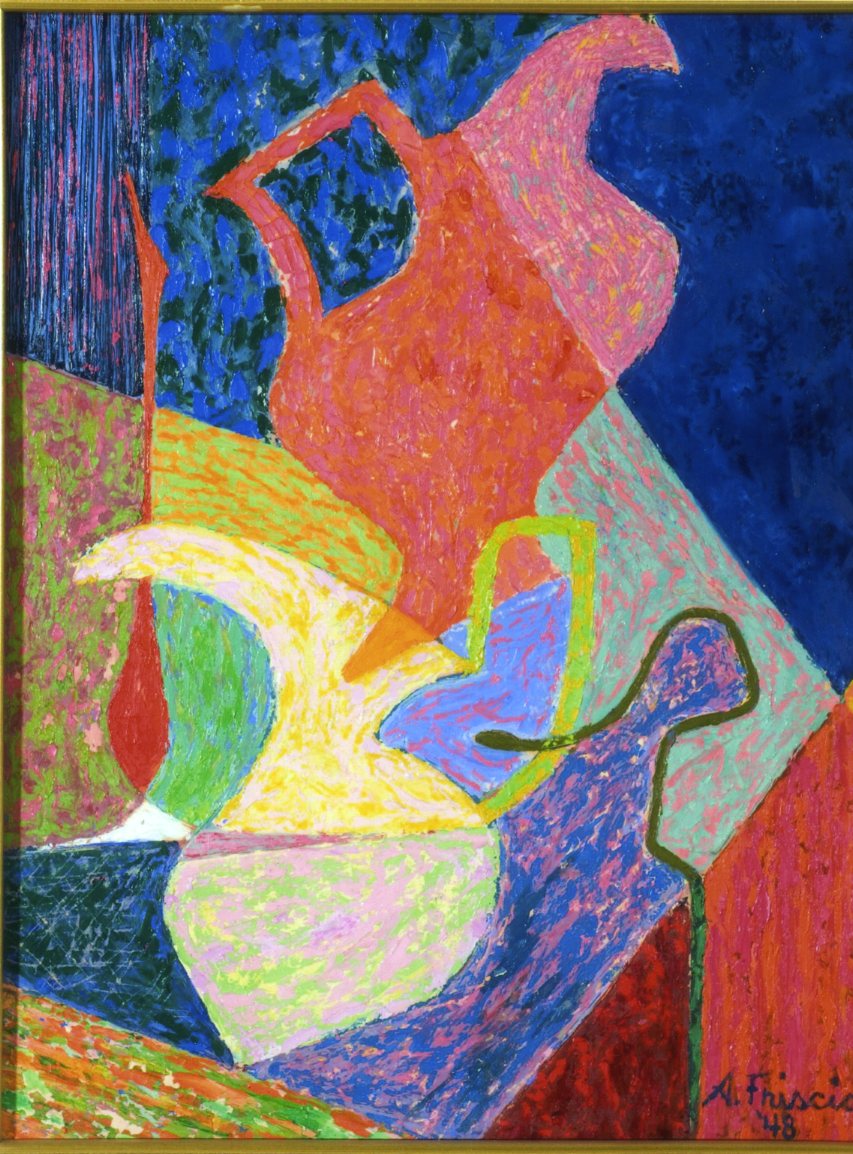 Mexican still life with water jugs, Composizione geometrica, piano d'appoggio, brocche (dipinto) di Albert Friscia (sec. XX)
