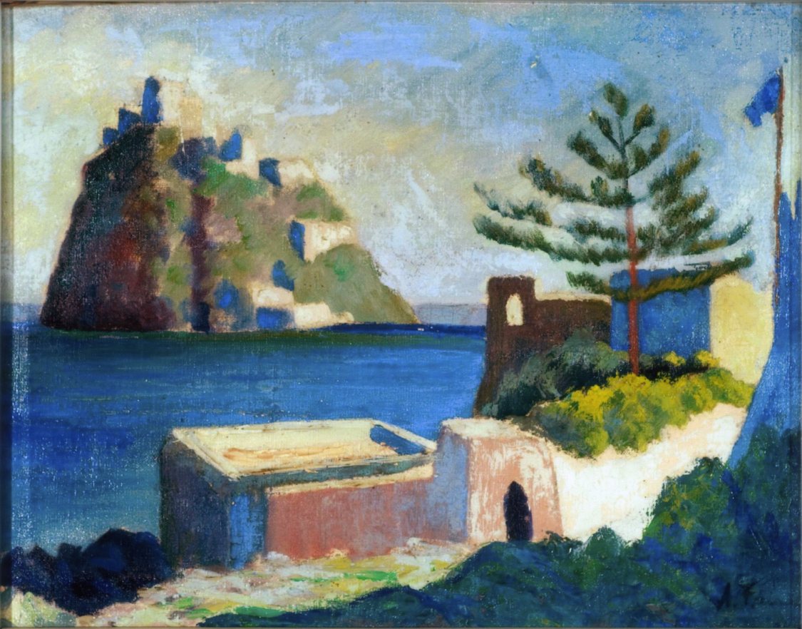 Marina, Paesaggio marino di Ischia (dipinto) di Albert Friscia (sec. XX)