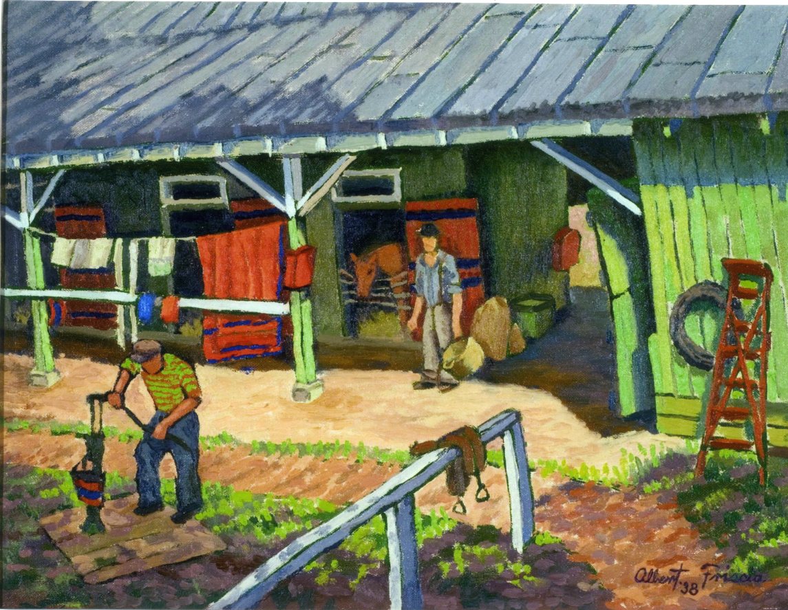 Senza titolo (Farm landscape), Fattoria con uomini a lavoro (dipinto) di Albert Friscia (sec. XX)