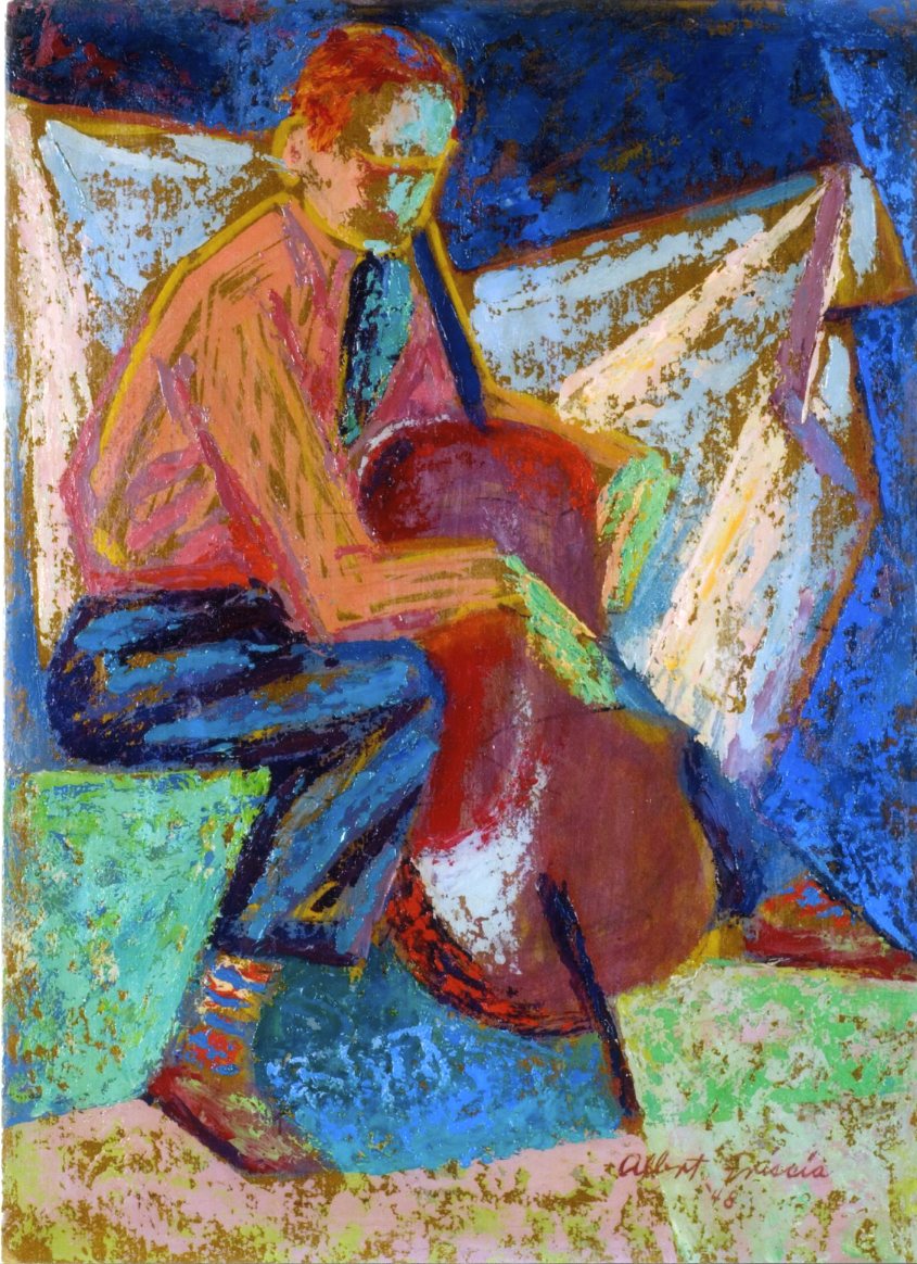 Cello player, Figura maschile seduta, violoncello (dipinto) di Albert Friscia (sec. XX)