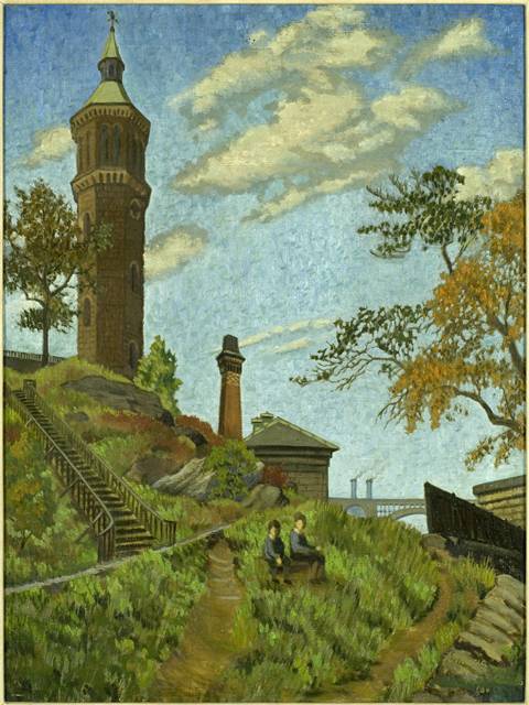 Water Tower, N. Y., 1934, Paesaggio con due figure (dipinto) di Albert Friscia (sec. XX)