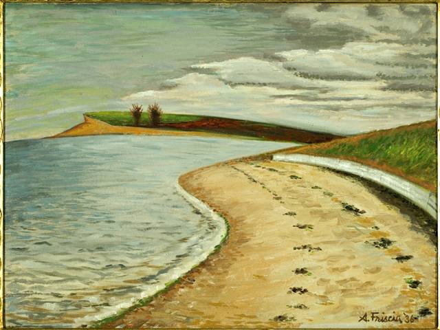 Mistic Island Landscape, Paesaggio marino (dipinto) di Albert Friscia (sec. XX)