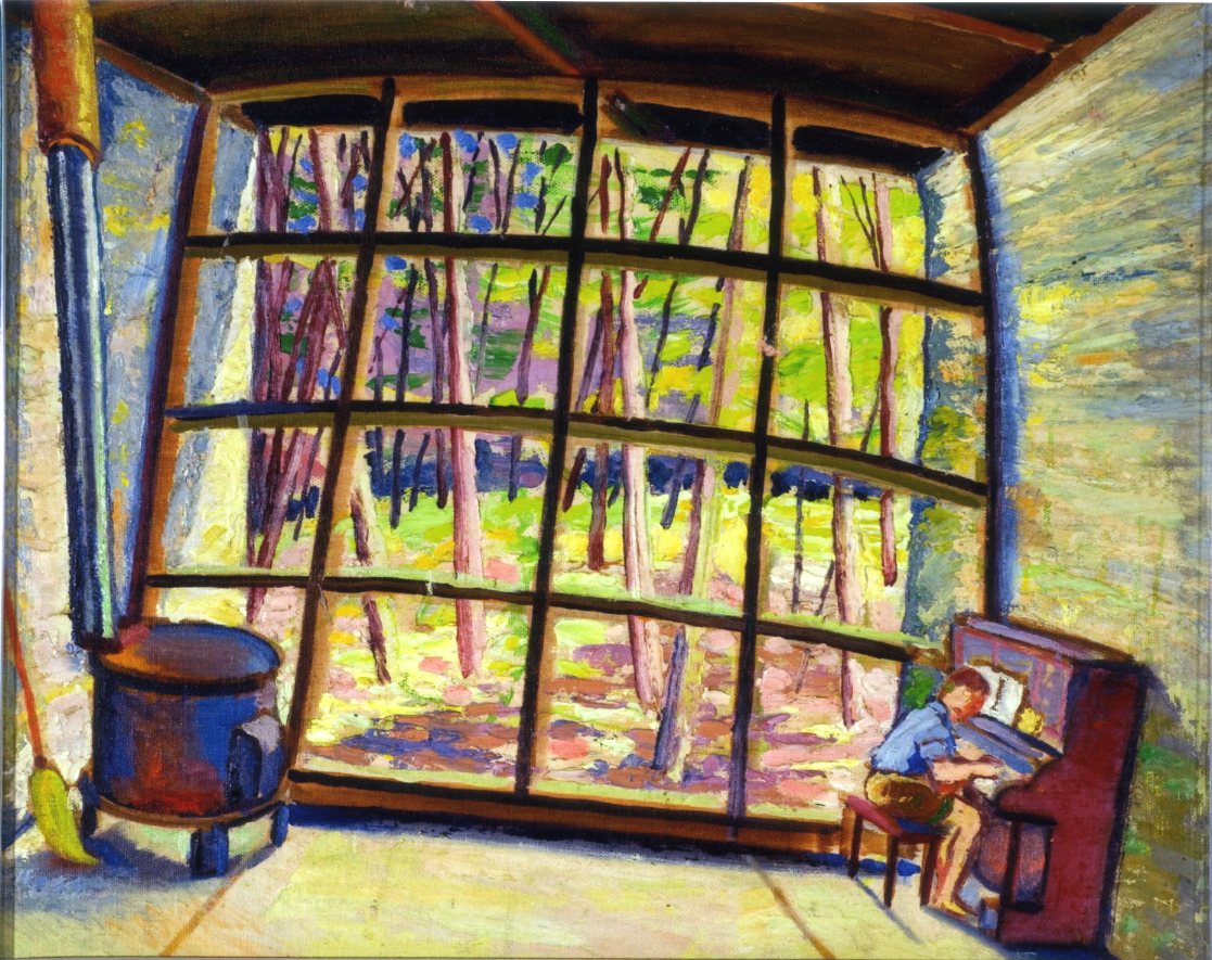 Music studio in the woods, Interno di una stanza, uomo che suona il pianoforte, vetrata con vista autunnale (dipinto) di Albert Friscia (sec. XX)