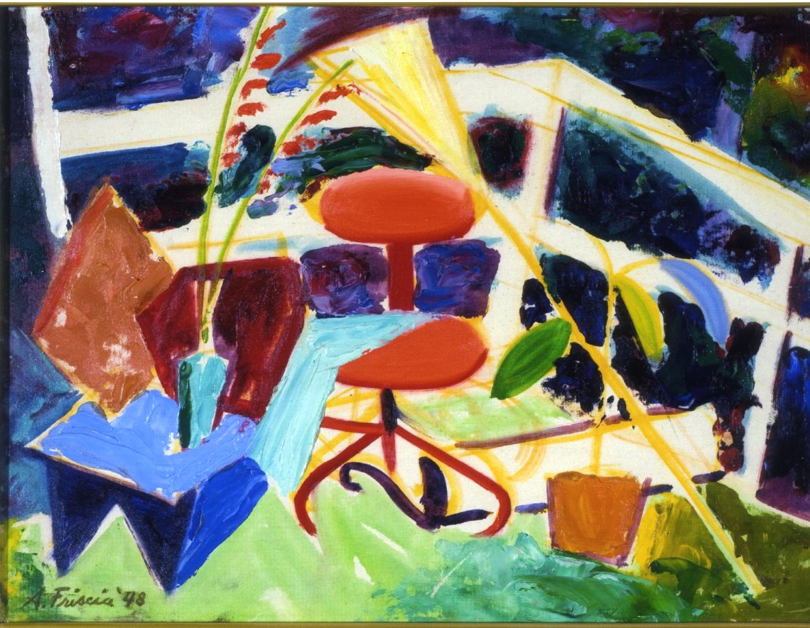 Terrace composition, Terrazzo, sedia, pianta, tavolino e vaso con fiori (dipinto) di Albert Friscia (sec. XX)