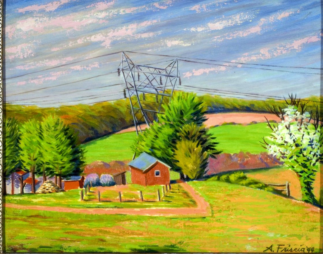 Landscape Baimbridge, Paesaggio con alberi e case (dipinto) di Albert Friscia (sec. XX)