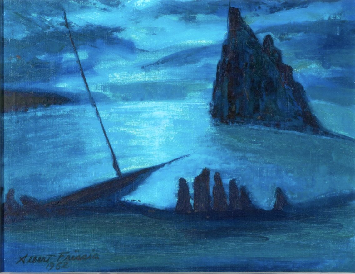 Moonlight, Ischia, Paesaggio marino notturno (dipinto) di Albert Friscia (sec. XX)