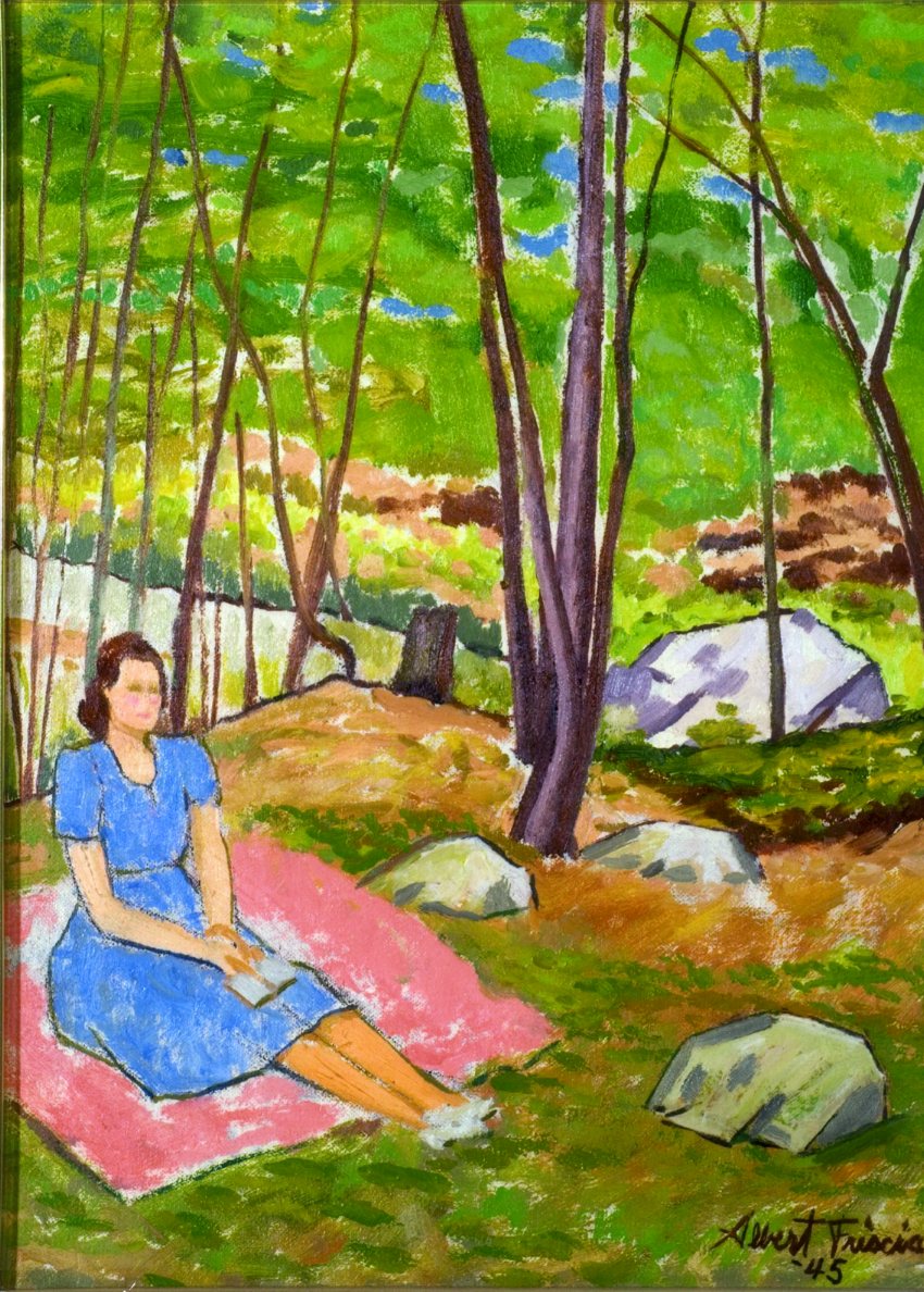 Pink Blanket, Prato, coperta rosa, donna che legge (dipinto) di Albert Friscia (sec. XX)