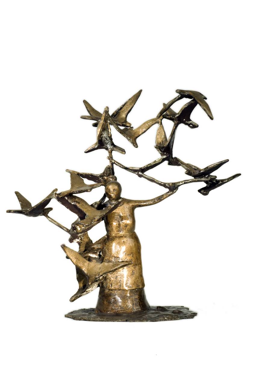 Birds in flight, Small bronze, Figura femminile con uccelli (scultura) di Friscia Albert (sec. XX/ terzo quarto)