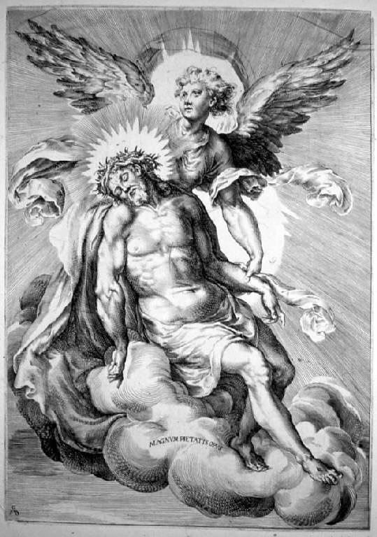 Un angelo sostiene il corpo di Cristo steso sulle nuvole, Cristo in pietà e angeli (stampa) di Alberti Cherubino (maniera) (secc. XVI/ XVII)