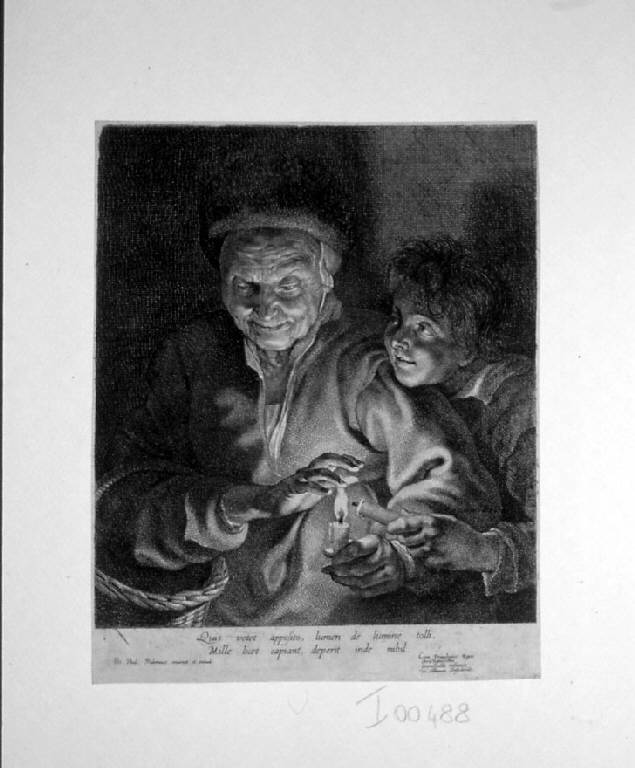 Proverbio: vecchio e ragazzo che accendono candele (stampa smarginata) di Rubens Pieter Paul - scuola fiamminga (sec. XVII)