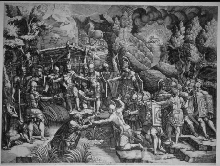 Sinone e i Troiani (stampa smarginata) di Ghisi Giorgio, Scultori Giovanni Battista (sec. XVI)