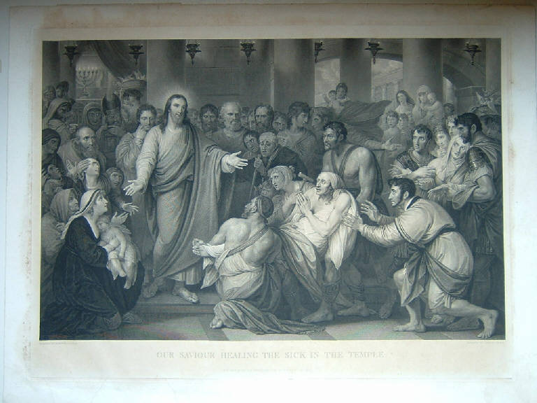 Il nostro Salvatore guarisce il malato nel tempio, Cristo guarisce i malati (stampa) di Heath Charles, West Benjamin (sec. XIX)