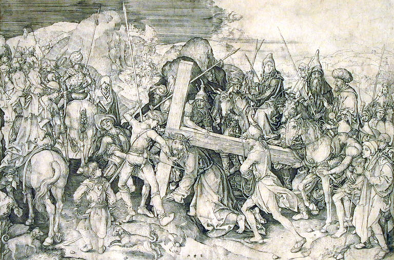 Salita di Cristo al monte Calvario (stampa smarginata) di Schongauer Martin, Schongauer Martin (sec. XV)