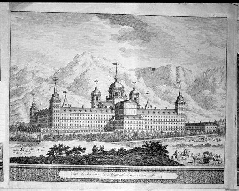 Veduta del retro dell'Escorial, Veduta di Madrid (stampa smarginata, elemento d'insieme) - scuola francese (sec. XVIII)