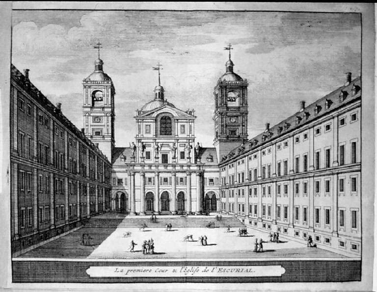 Il primo cortile e la chiesa dell'Escorial, Veduta di Madrid (stampa smarginata, elemento d'insieme) - scuola francese (sec. XVIII)