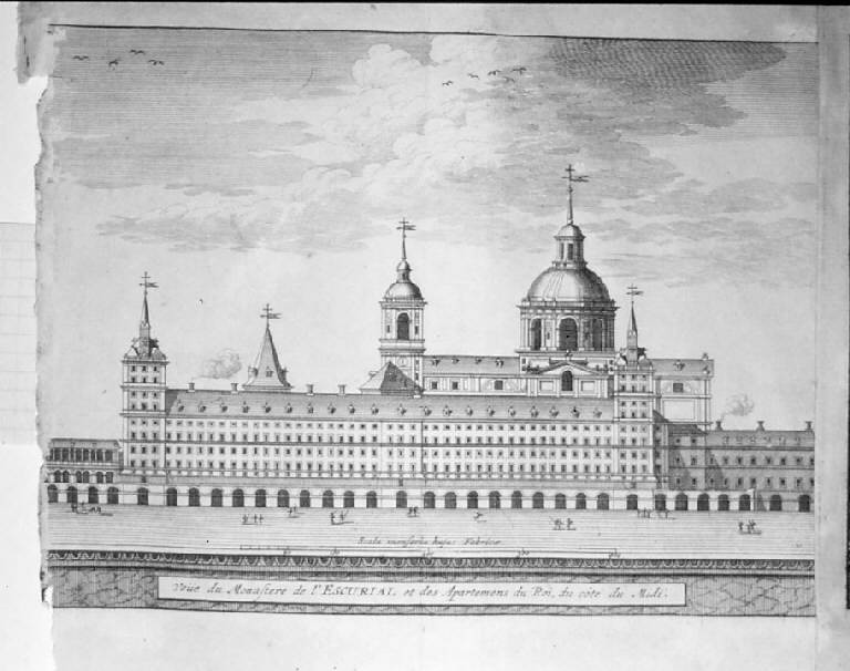 Veduta del monastero dell'Escorial e degli appartamenti reali dal lato Sud, Veduta di Madrid (stampa smarginata, elemento d'insieme) - scuola francese (sec. XVIII)