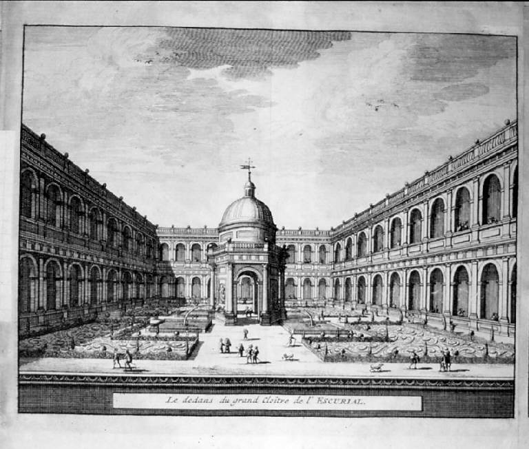 Il Grande Chiostro dell'Escorial: interno, Veduta di Madrid (stampa smarginata, elemento d'insieme) - scuola francese (sec. XVIII)