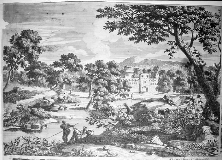 Paesaggio fluviale con pescatori e castello (stampa smarginata) - scuola francese (sec. XVIII)